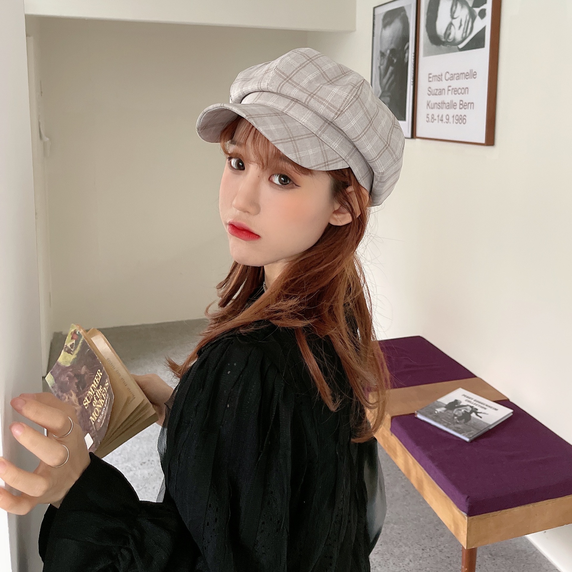 Fine Pattern Octagonal Hat Women's Autumn and Winter Japanese Style Big Head Circumference Bud Hat ins Internet Popular Face Small Octagonal Painter Hat