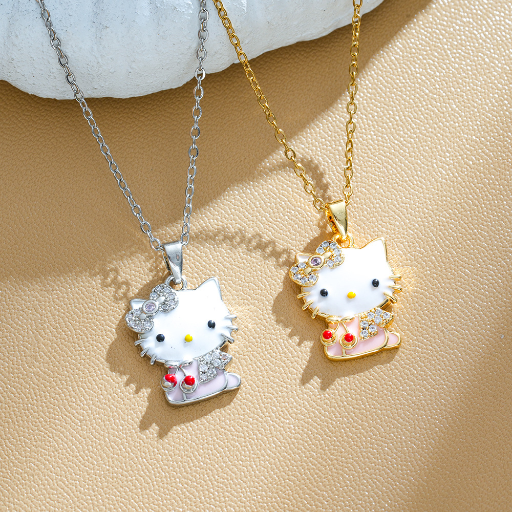 Xiyin Hot Sale Cute Sweet Full Diamond Kt Cat Titanium Steel Necklace Luxury Cartoon Cat Pendant Elegant Fashion Jewelry