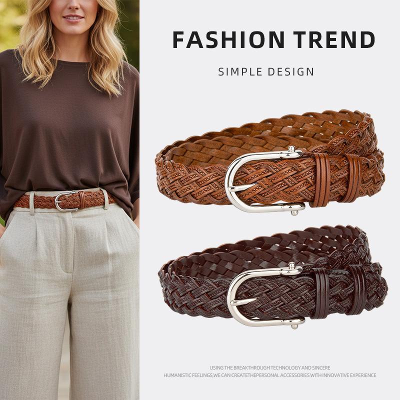 High-End Leather Paper Belt for Women, Hand-Woven with Silver Buckle, Niche Design, Decorative Belt for Pairing with Jeans