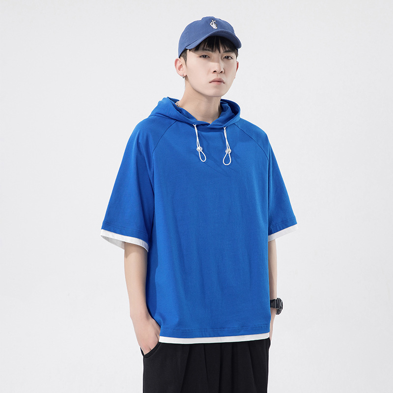 Heavy Weight Hooded Short-Sleeved T-Shirt Men's Summer Trbottomy Brand Men's Korean Style Pure Color Cotton Off-Shoulder Half-Sleeved Fake Two-Piece Bottoming