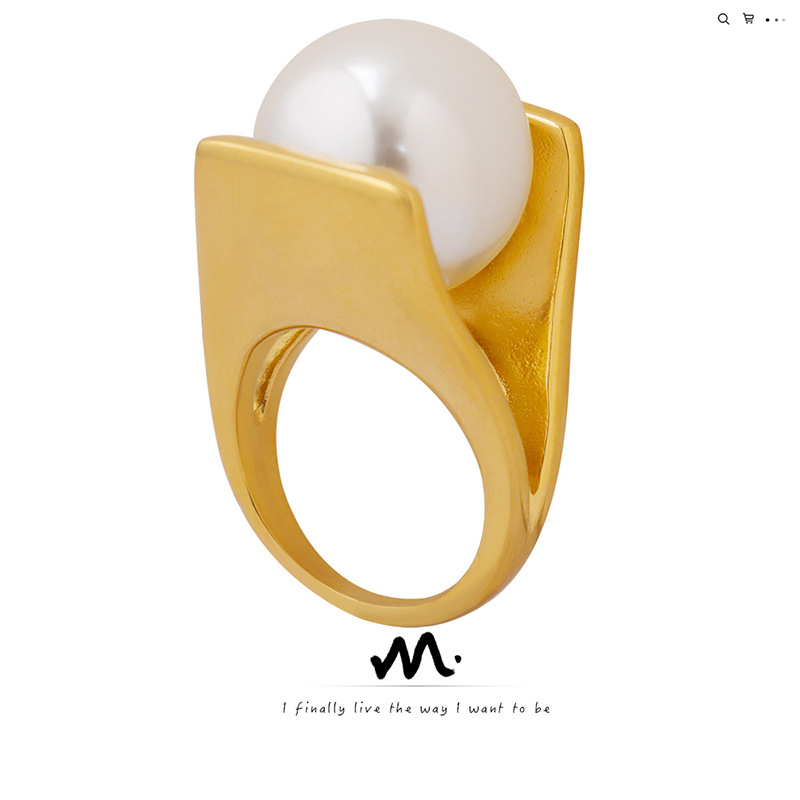Y-shaped imitation pearl Italian designer unique style ring female exaggerated personality titanium steel plated 18k gold A166