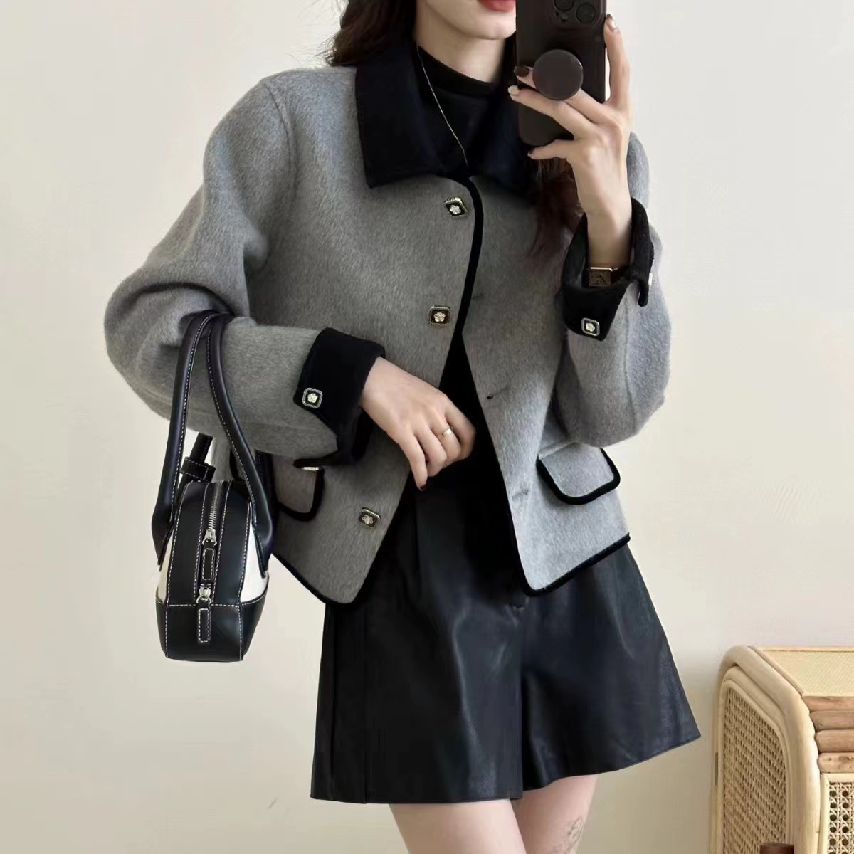 2024 new fashion socialite high-end women's contrast color small fragrance double-sided cotton cashmere short coat cardigan wholesale