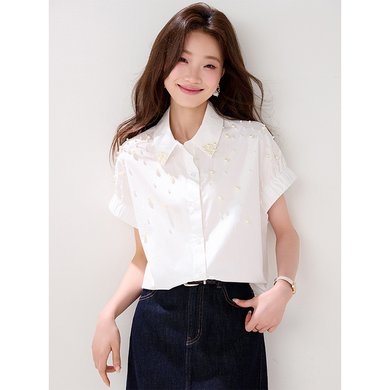 French-Style Fashionable Beaded Design White Short-Sleeve Shirt for Women, 2026 Summer New Trendy Commuter Chic Top