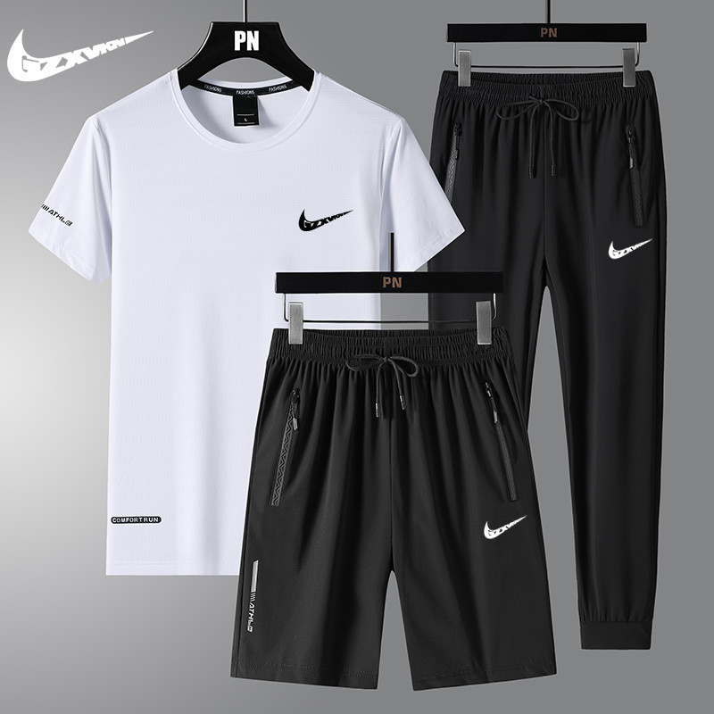 Three-Piece Ice Silk Suit for Men 2024 Summer New Men's Casual Quick-Drying Trendy Brand Fitness Running Sports Men's Clothing
