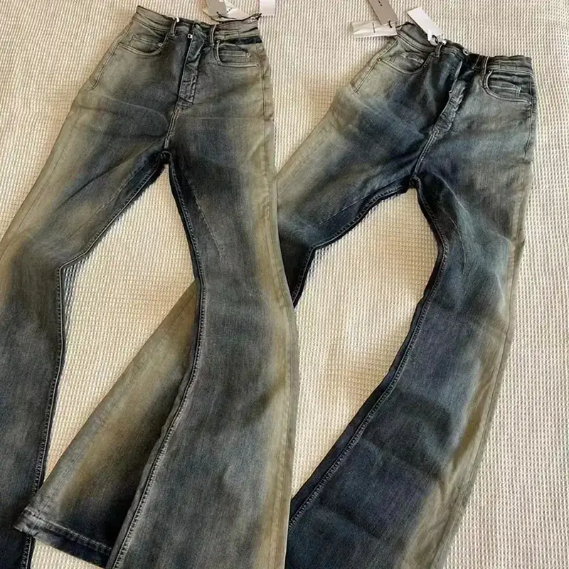 RO style niche washed gradient blue high elastic mopping casual micro horn tight Slimming jeans men and women fashion