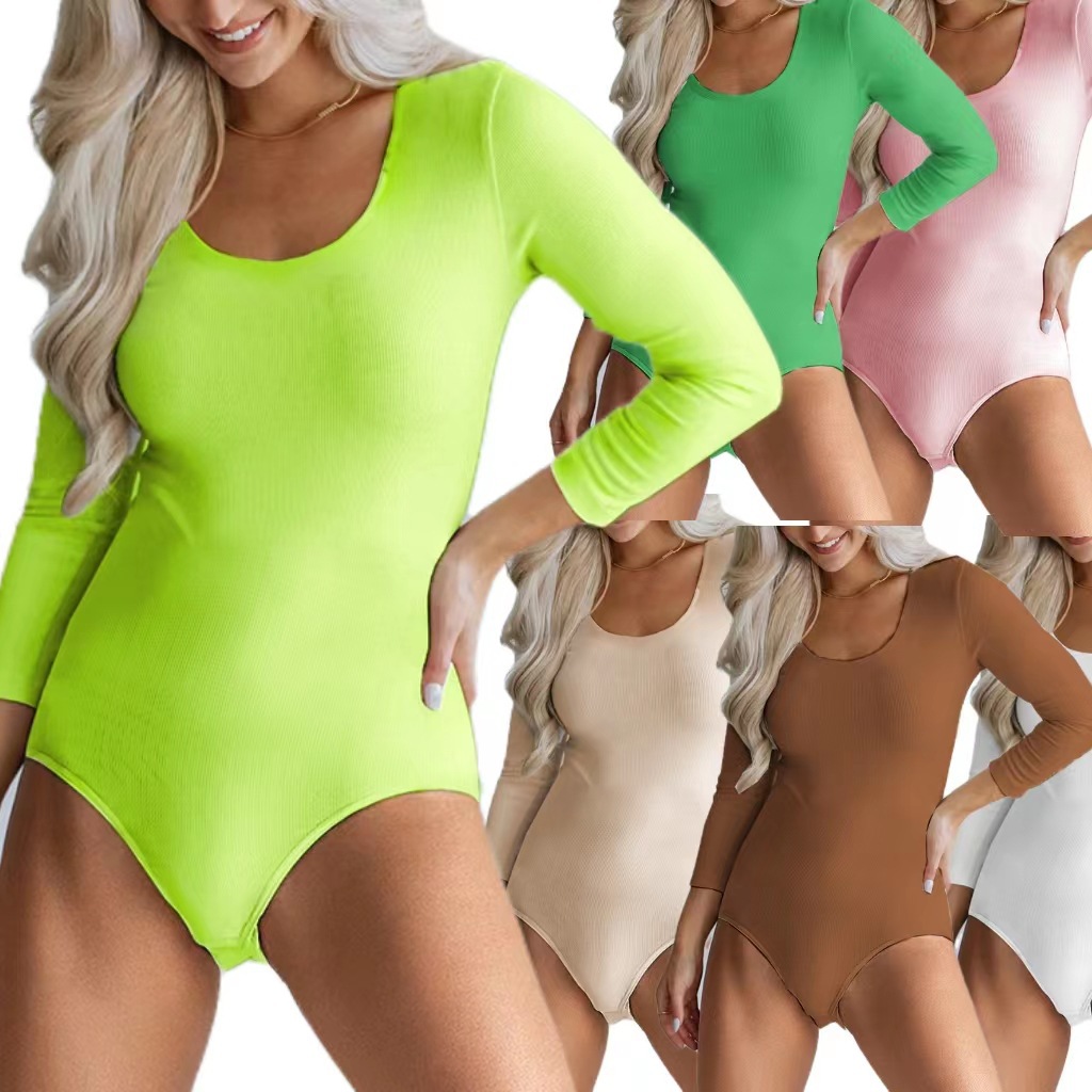 23 spring new European and American fashion women's jumpsuit solid color round neck long sleeve base shirt slim knit top spot