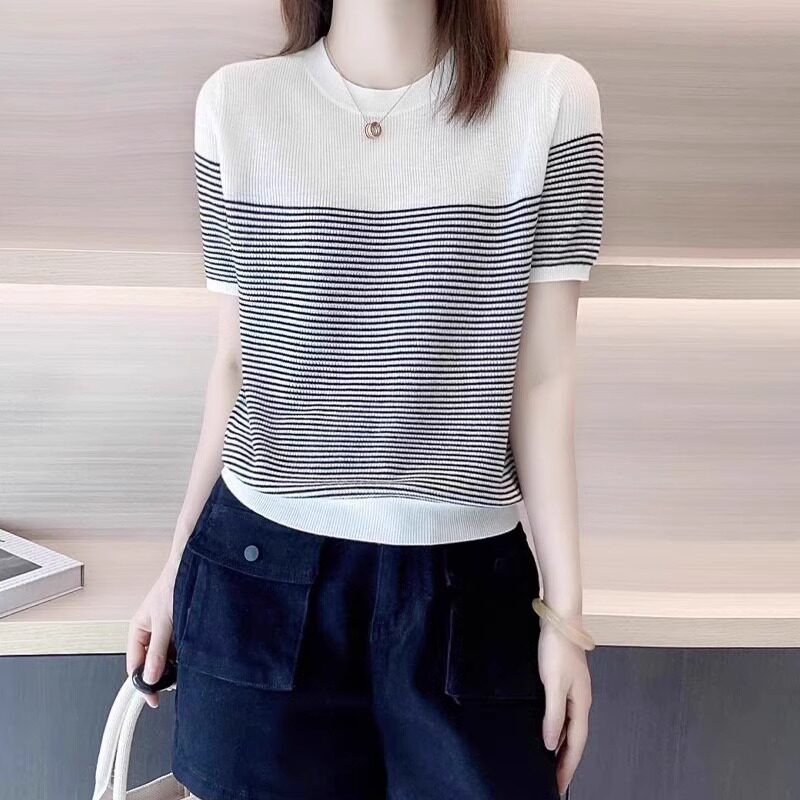 Striped Round-Neck Ice Silk Knit Shirt 2026 Summer New Fashion Versatile T-Shirt Simple Pullover Short-Sleeve Top