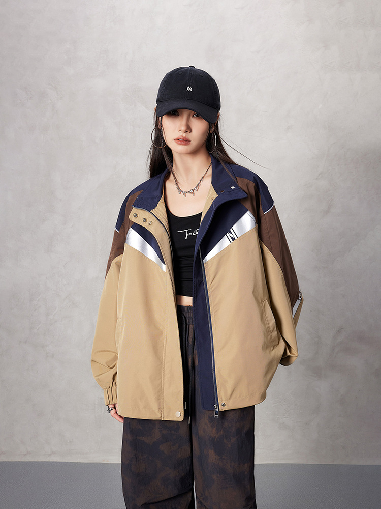 Tuogu Spring New Stand Collar Color-Block Khaki Trench Coat Women's Loose Casual Long Sleeve Jacket Baseball Uniform Jacket