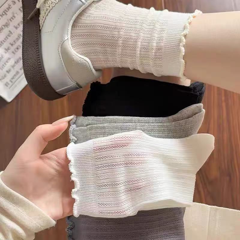 Ruffled Edge Solid Color Mesh Hollow-Out Socks for Women, Mid-Calf Socks, Trendy Cotton Socks, Summer Thin Ballet-Style Long Socks for Women