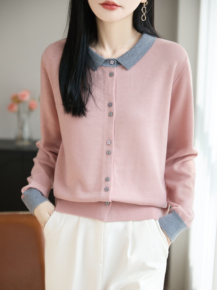 2026 Spring and Autumn New Fine Wool Polo Collar Knitted Cardigan Long Sleeve Women's Color Block Small Square Button Top Jacket