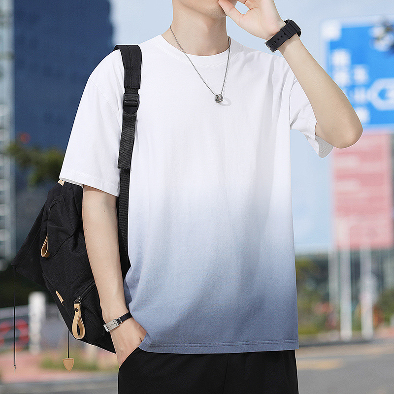 Summer Short-sleeved Men's T-shirt 2024 New Round Neck Fashion Ice Silk Half-sleeved Upper Clothes Gradient Color-changing T-shirt Men's Wear