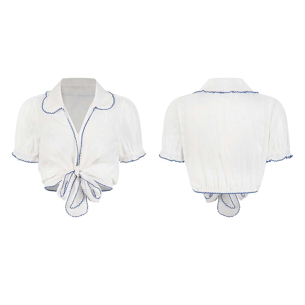 Unbdns French-Style Jacquard Tie Blouse for Women, Summer 2026 New Model, White Slim-Fit Versatile Short-Sleeve Shirt Top
