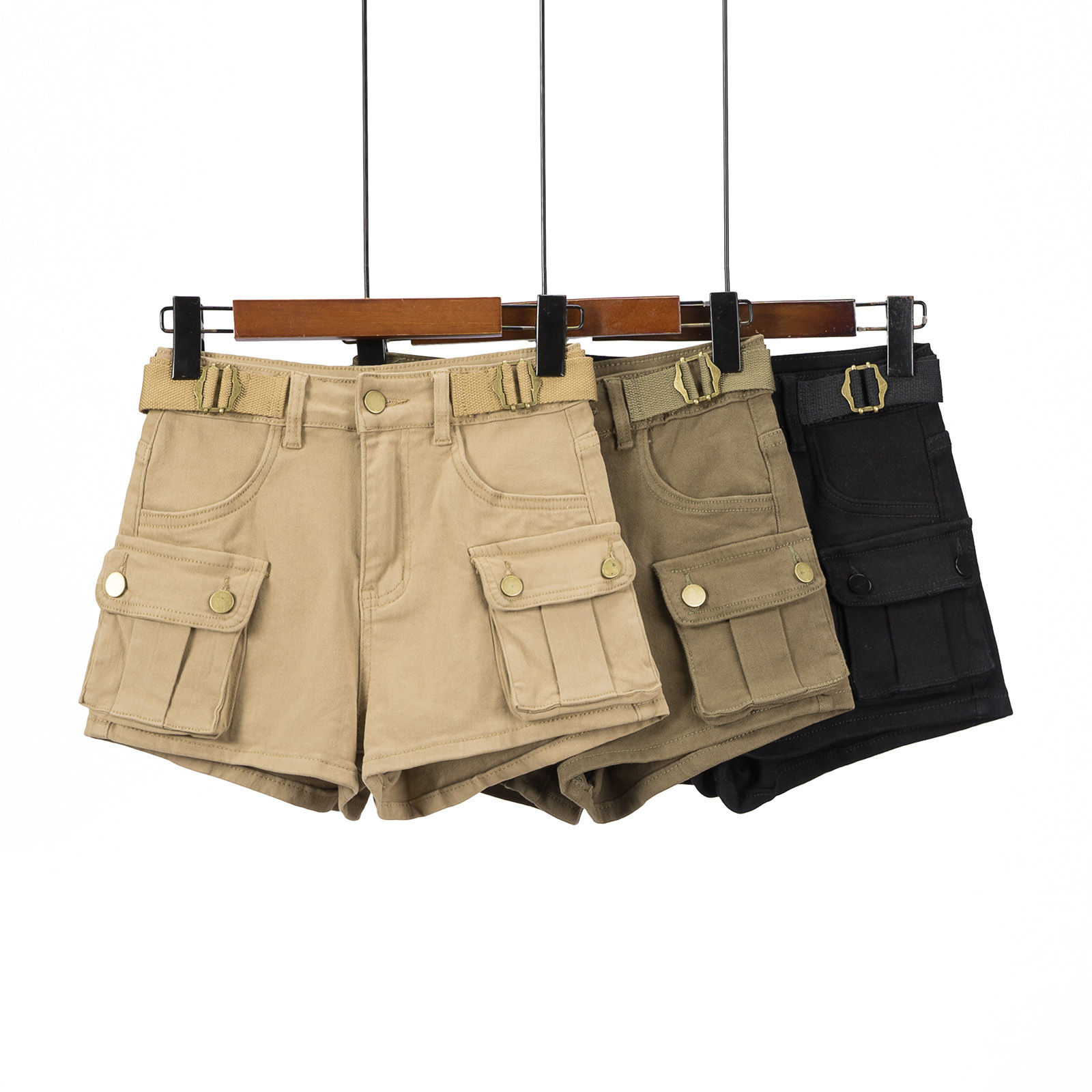 American Retro Belt High Waist Large Pocket Tooling Shorts Spring and Summer New Arrival khaki Casual Pants Hot Pants Trendy