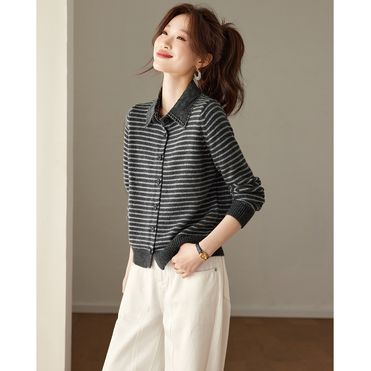 Korean-Style Half-High Collar Striped Knit Cardigan for Women, Stylish Spring New Slim-Fit Sweater, Niche Top