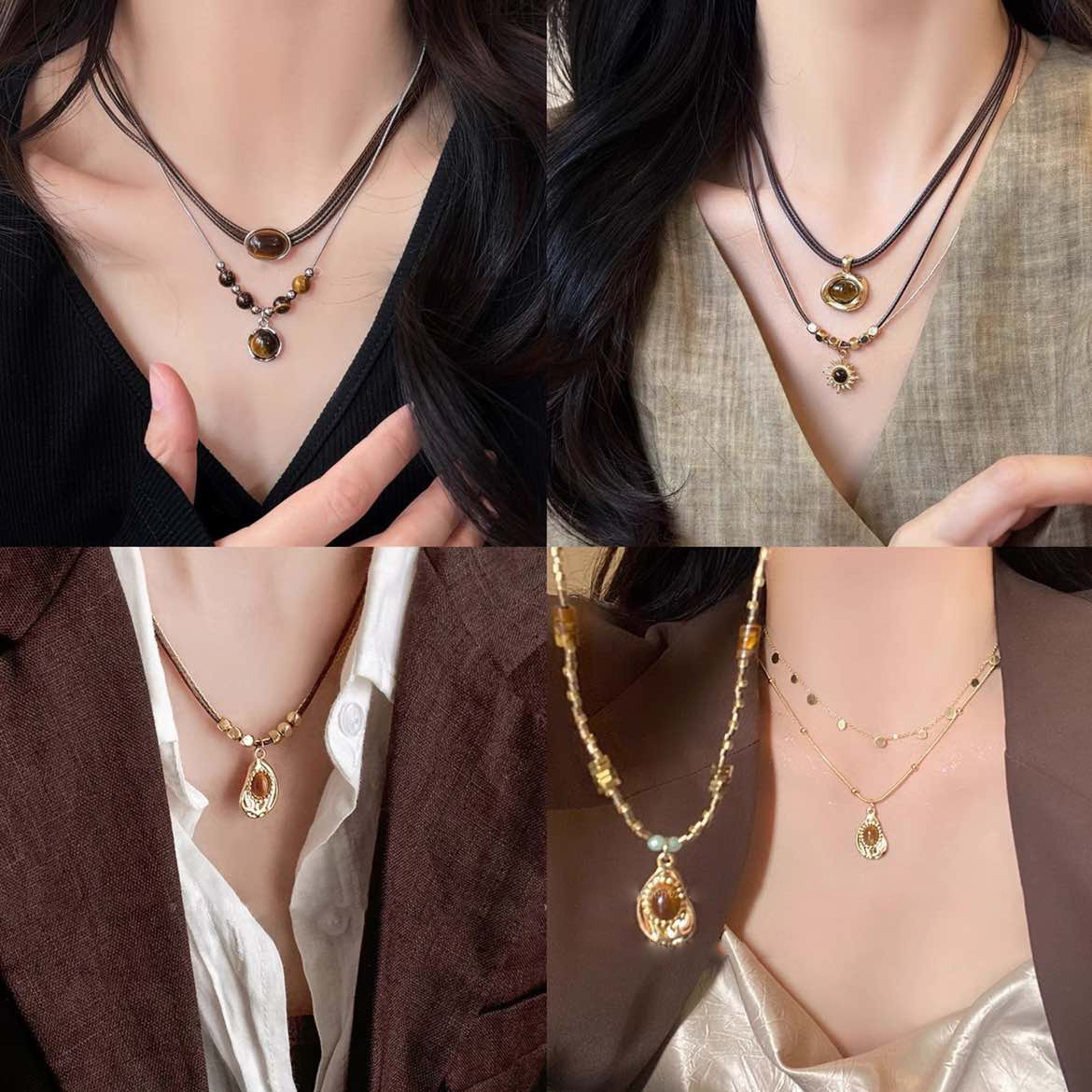 Maillard brown Round Sunflower Tiger Eye Necklace Fashionable Vintage Collarbone Chain Light Luxury High-end Necklace for Women