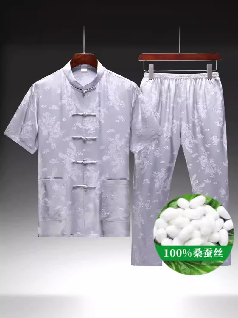 Silk Tang Suit Set for Men 2026 Summer New Style 100% Mulberry Silk New Chinese Style National Style Dad Outfit Dragon and Phoenix Top