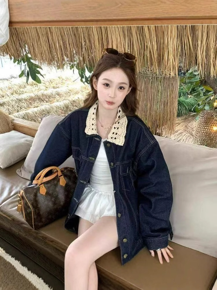 Spliced Lace Design Denim Jacket 2026 Spring and Autumn Retro Style Loose Versatile Ins Casual Jacket Top