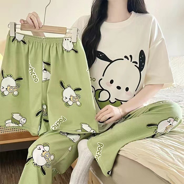 Three-Piece Pajama Set for Women, Spring and Autumn Short-Sleeved Long Pants and Shorts, Student Plus Size Cute Cartoon Set, Summer Home Wear