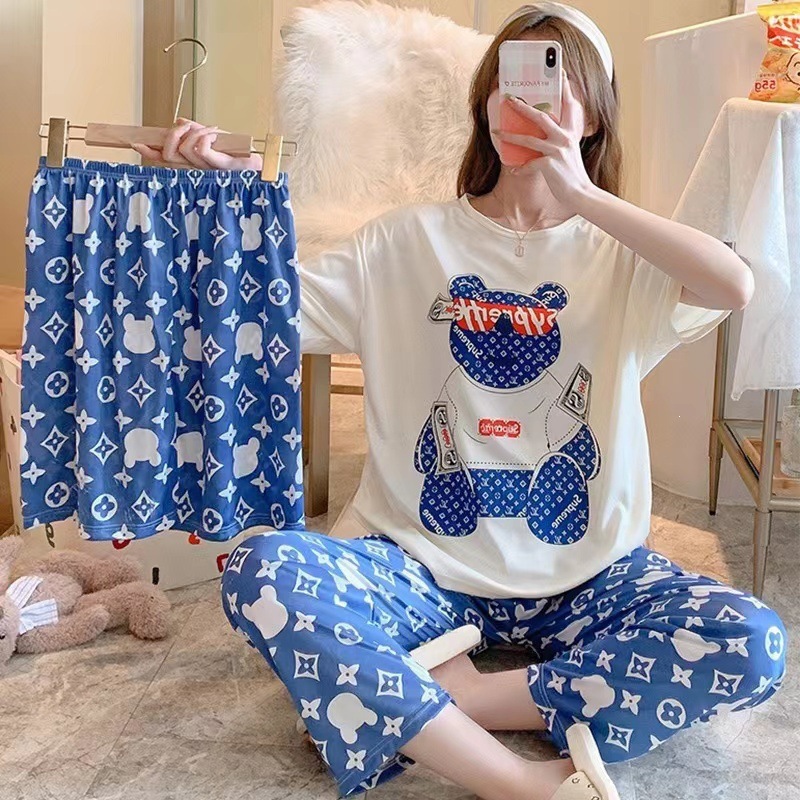 Summer Pajamas for Women, Short-Sleeved, New Style 2025, Popular Korean Version, Student-Style Home Wear, Can Be Worn Outside, Three-Piece Set