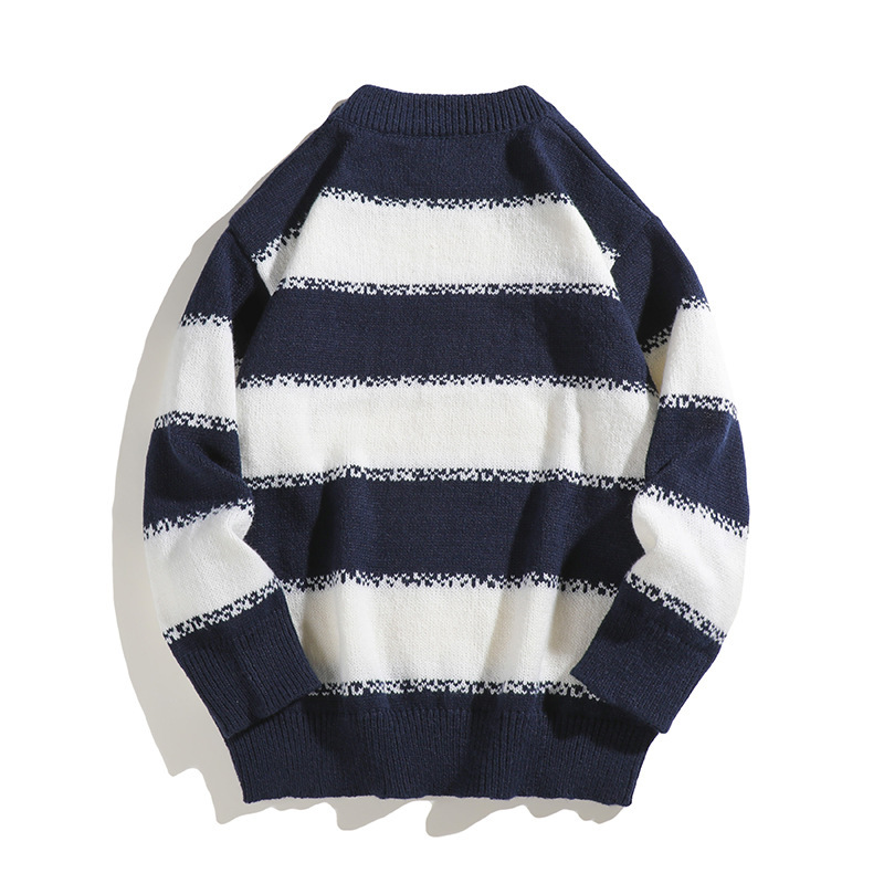 Black and White Stripe Crewneck Sweater Men's Autumn and Winter Loose Design Sense Japanese Retro Knitted Sweater Cross-border Exclusive