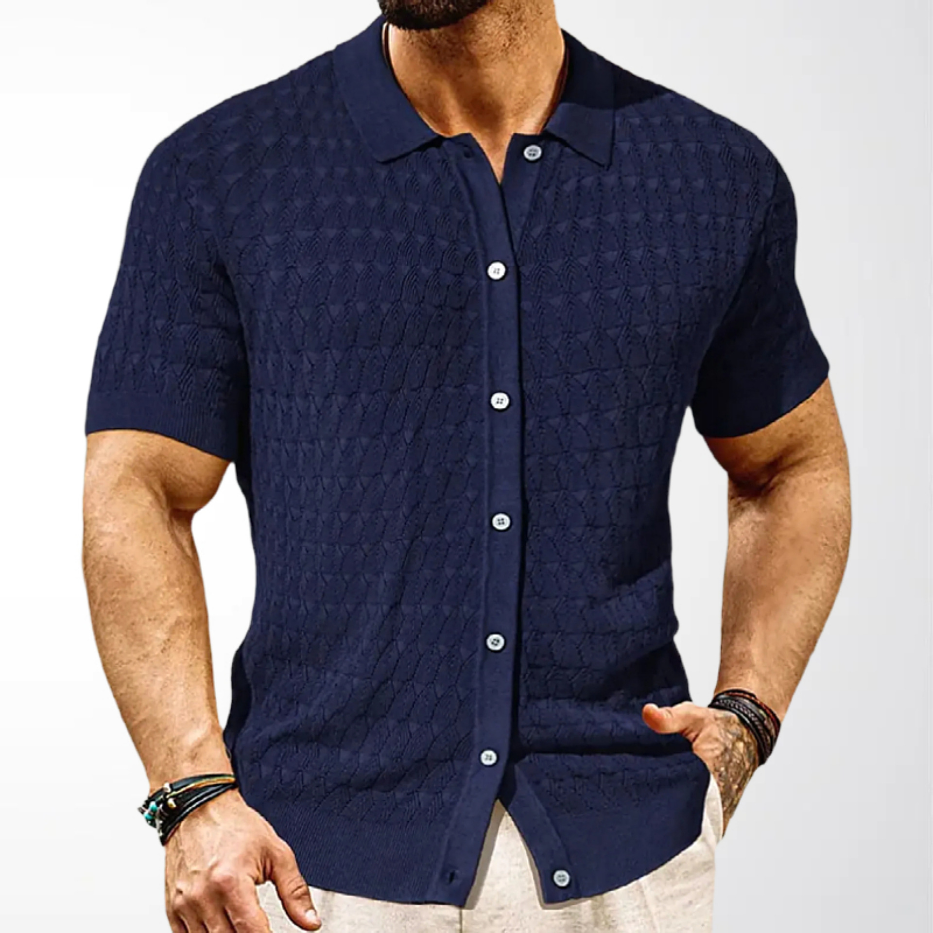 New Foreign Trade Men's Clothing, Jacquard Pattern Short-Sleeved Knit Shirt, Men's Summer Thin Casual Cardigan Polo Shirt Sy0051