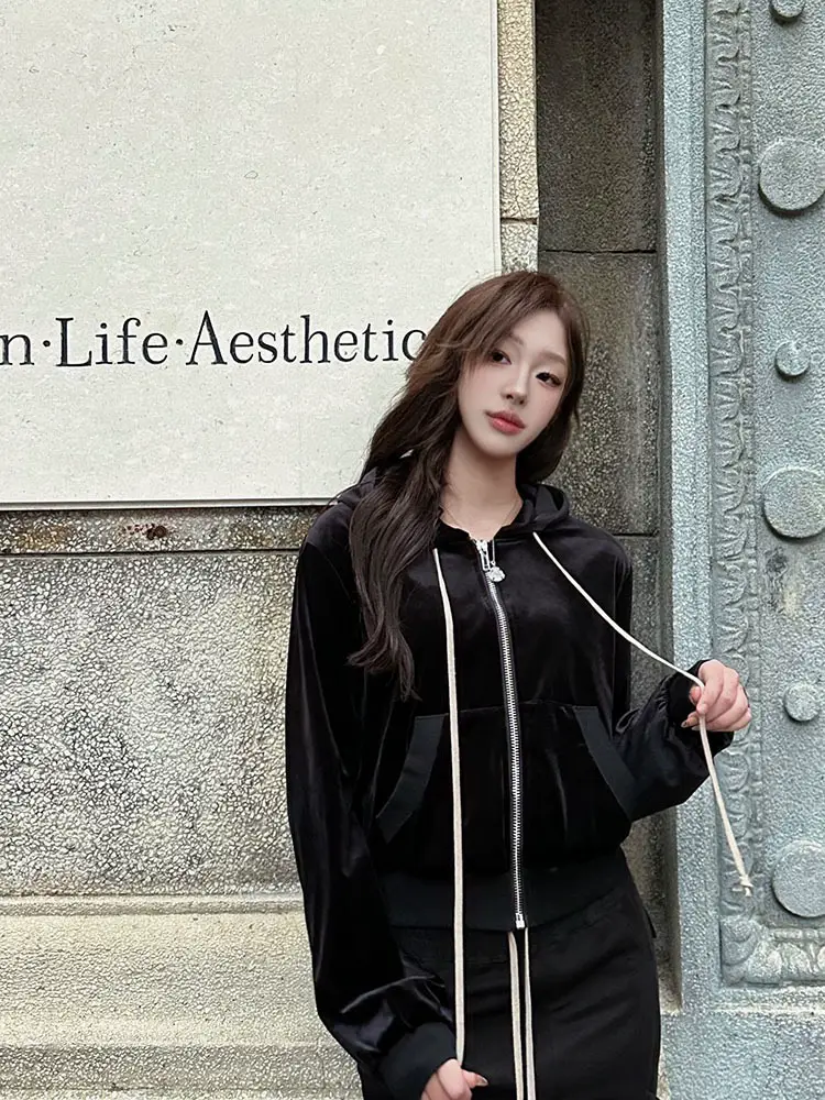 24FW New arrival Work Clothing K-style Casual Easiest for match Long sleeves velvet hooded zipper Outwear jacket female zipper Cardigan