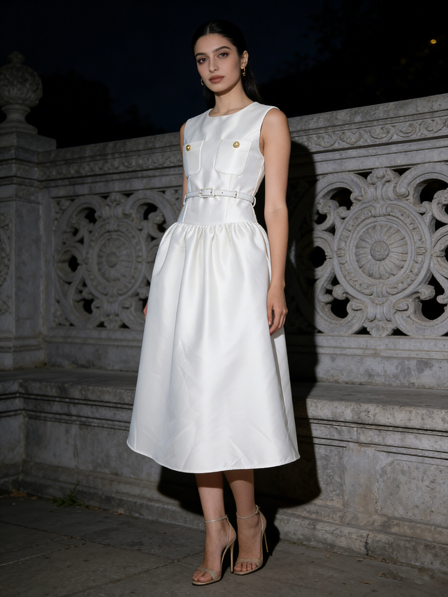 Minimalist French-Style Satin Sleeveless Long Dress 2026 Summer Women's Fashion Waist-Cinching Silhouette Solid Color Dress