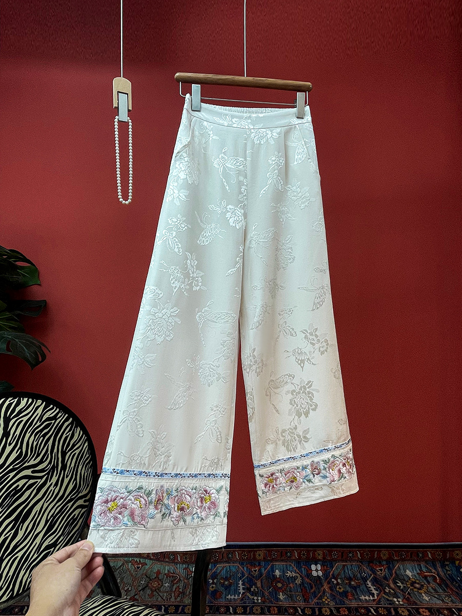 Zhi Li [Pants] Satin Jacquard Embroidered Women's Wide-Leg Pants 2025 Spring New New Chinese Style Pants