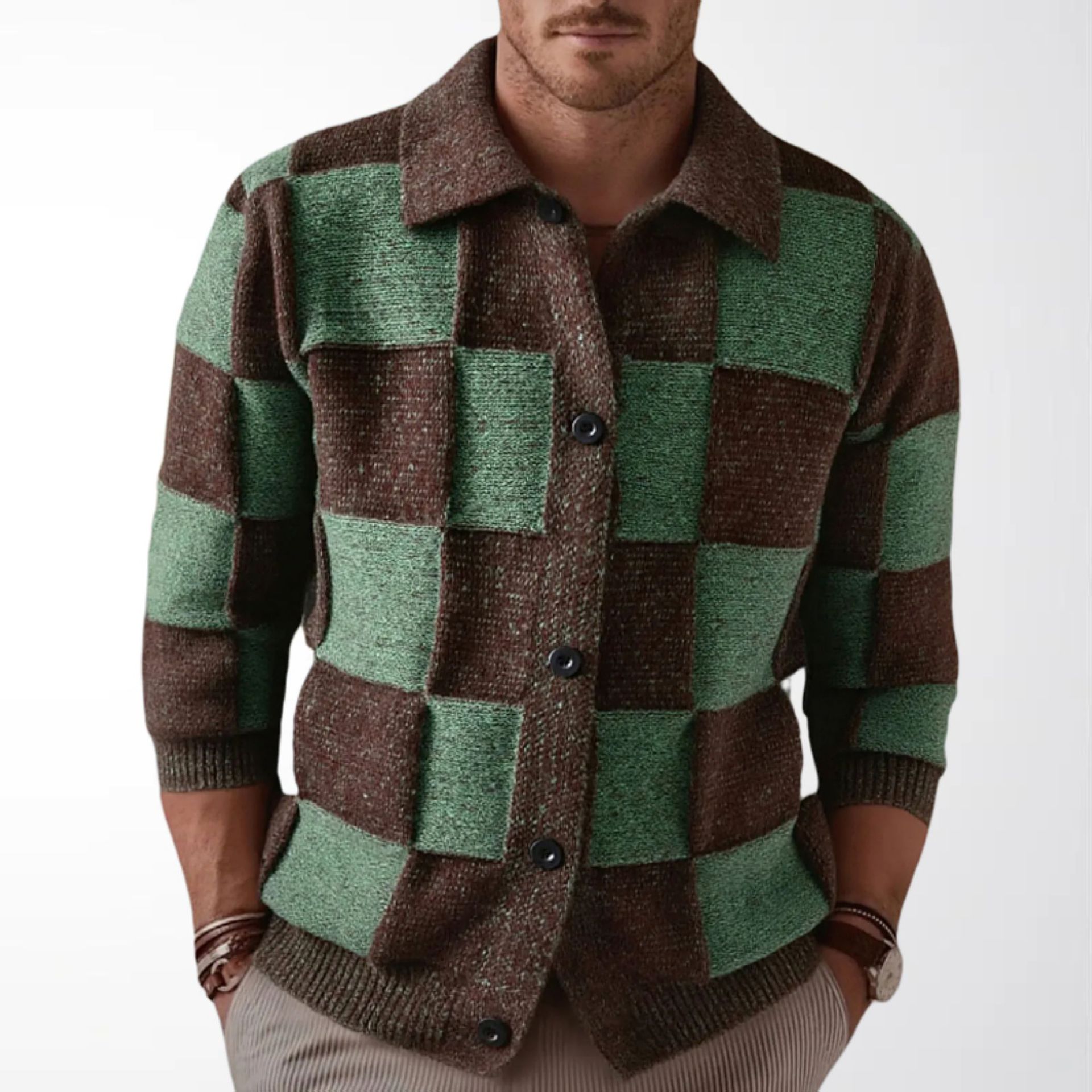 Cross-Border Foreign Trade Men's Clothing Autumn and Winter New Classic Plaid Knit Sweater Jacket Long-Sleeved Lapel Cardigan Sweater Sy0117
