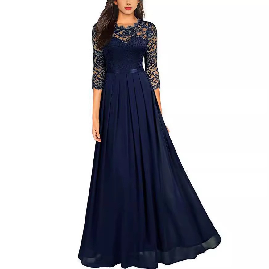 2026 In-Stock Amazon Evening Dress European Style Patchwork Dress Round Neck Lace Long Evening Gown