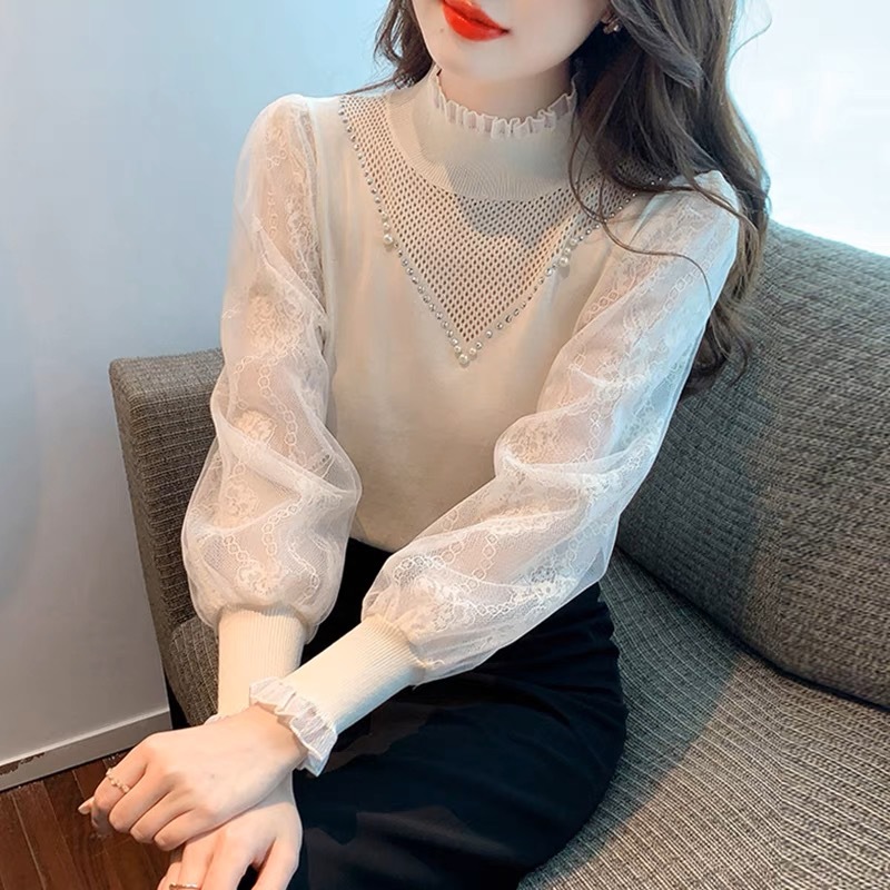 Women's Half-high Collar Knitted Shirt Spring 2025 New Style Foreign Style Inner Shirt Lace high quality Base Shirt Top