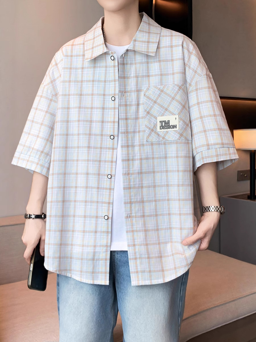 Plaid Short-Sleeved Shirt for Boys, Junior High School Students and High School Students, Summer Pure Cotton Half-Sleeved Shirt, Teenagers and Older Children's Jacket, Summer