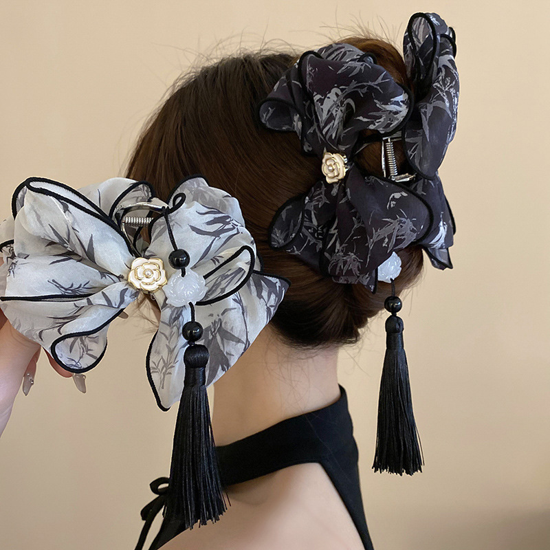 Vintage Lace Painted Bamboo Bow Flower Tassel Grab Clip Chinese Style Head Hair Elegant High-end Hairpin for Women