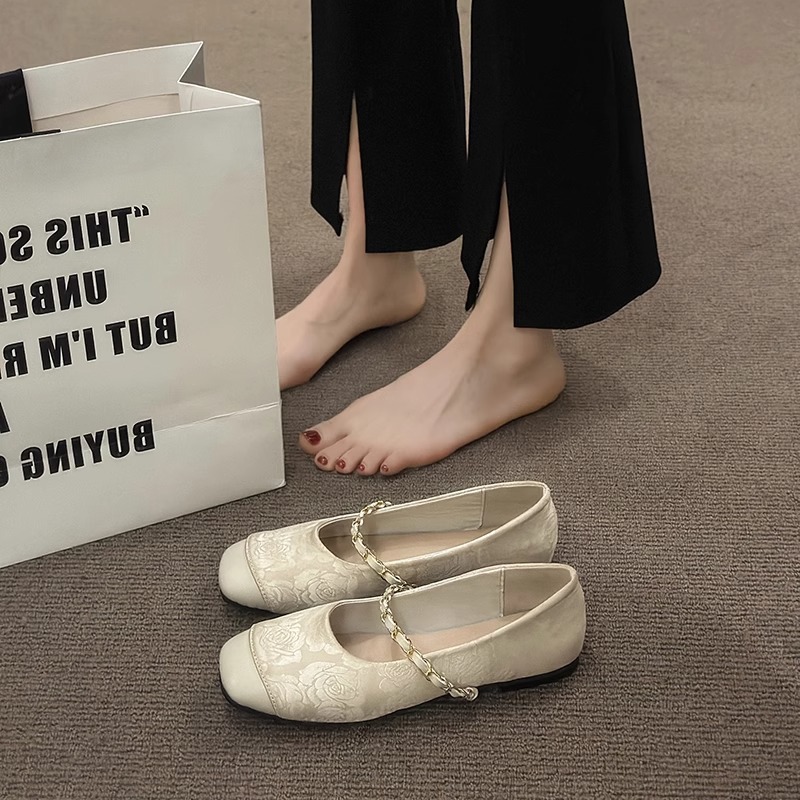 Gentle Ballet Ladyshoes Flat Shoes French Retro Soft Bottom silver New Chinese Style Red Single Shoes Spring Chanel Style Women's Shoes