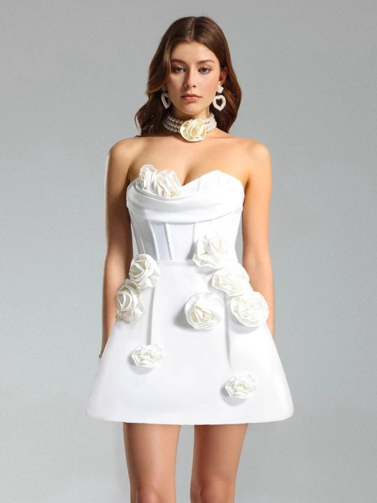 European and American Foreign Trade Women's Dress Three-Dimensional Flower Decoration Tight Tube Top Bandage dress Elegant Wedding Party Short Dress