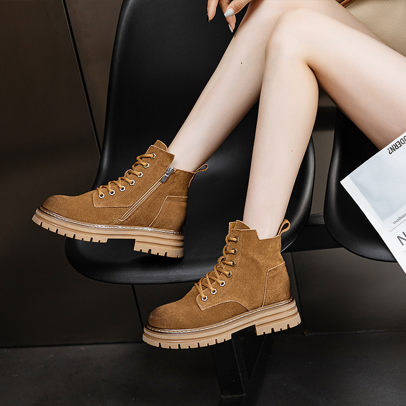 Thick-Soled Boots for Women 2024 Autumn and Winter New Style Cotton Retro Rhubarb Boots Genuine Leather Short Boots British Frosted Motorcycle Boots