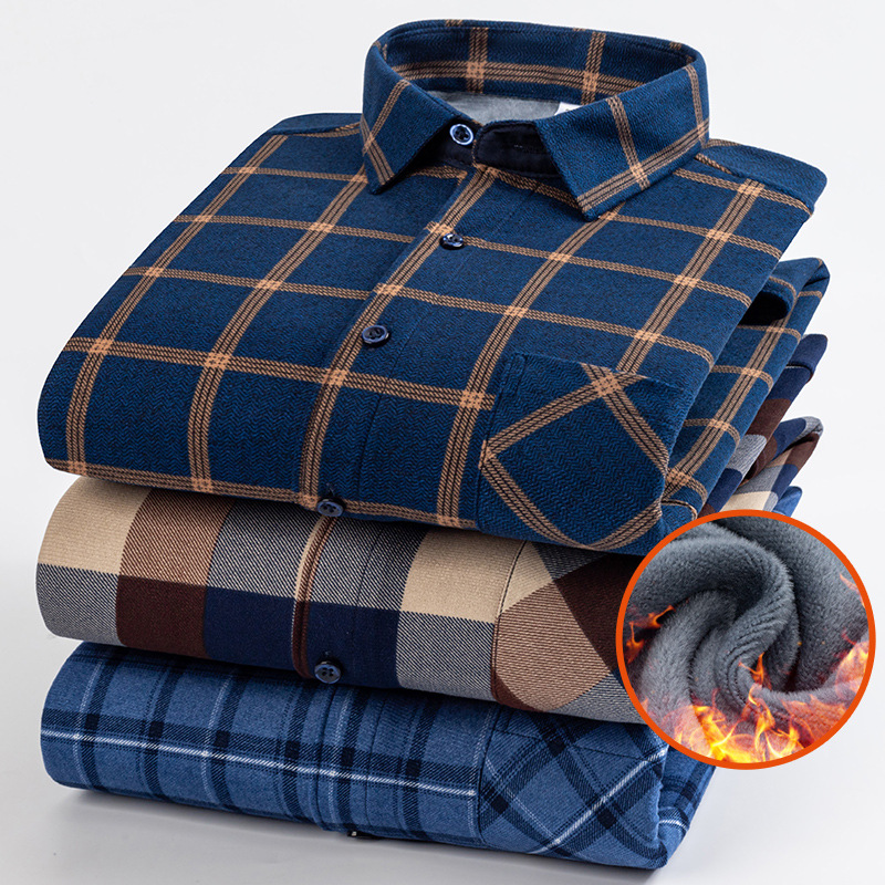 Winter Men's Thickened Casual Warm Long-Sleeve Plaid Shirt, Loose Business Middle-Aged Fleece-Lined Base Shirt
