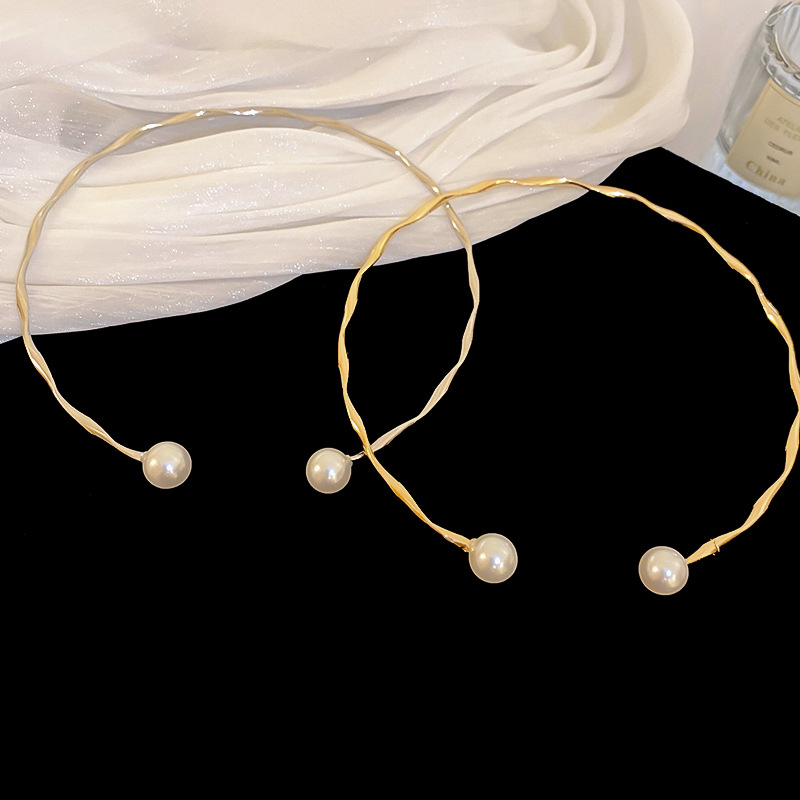 Simple Metallic Wave Imitation Pearl Geometric Opening Collar Distinctive Commuting Temperament High-end Necklace for Women