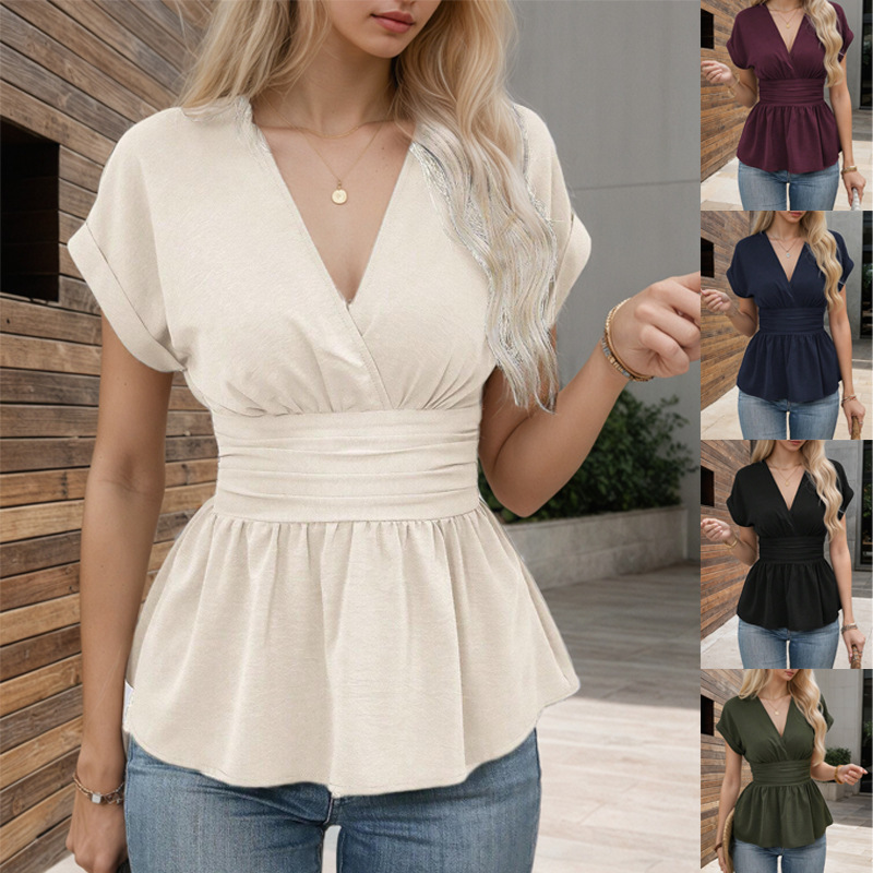 European and American Cross-Border Amazon Independent Site Hot-Selling Women's Clothing V-Neck Waist-Cinching Solid Color Raglan Sleeve Pleated T-Shirt Dress for Women