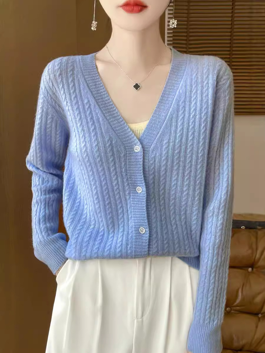 Spring and Autumn New V-neck Wool Cardigan Women's Pure Wool Fashionable Loose Slimming Twist Knitted Jacket Top