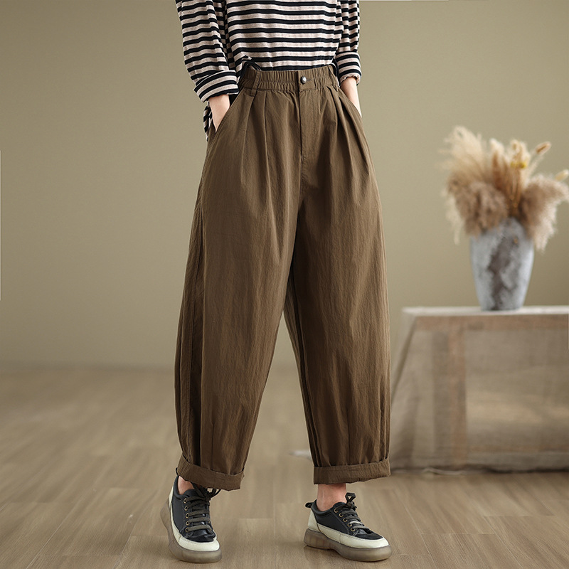 2026 Spring New Vintage Artistic Casual Pants Cotton Linen Harem Pants Women's High Waist Loose Cargo Pants Carrot Trousers
