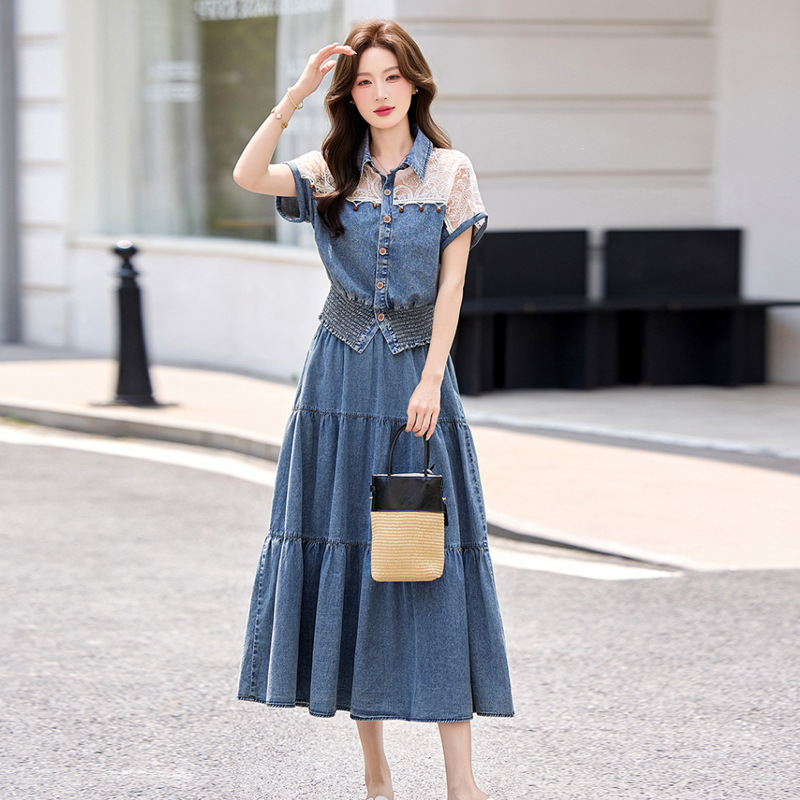 Korean Design Lace Splicing Short-Sleeved Denim Top and Skirt Suit for Women Summer 2026 New Two-Piece Set