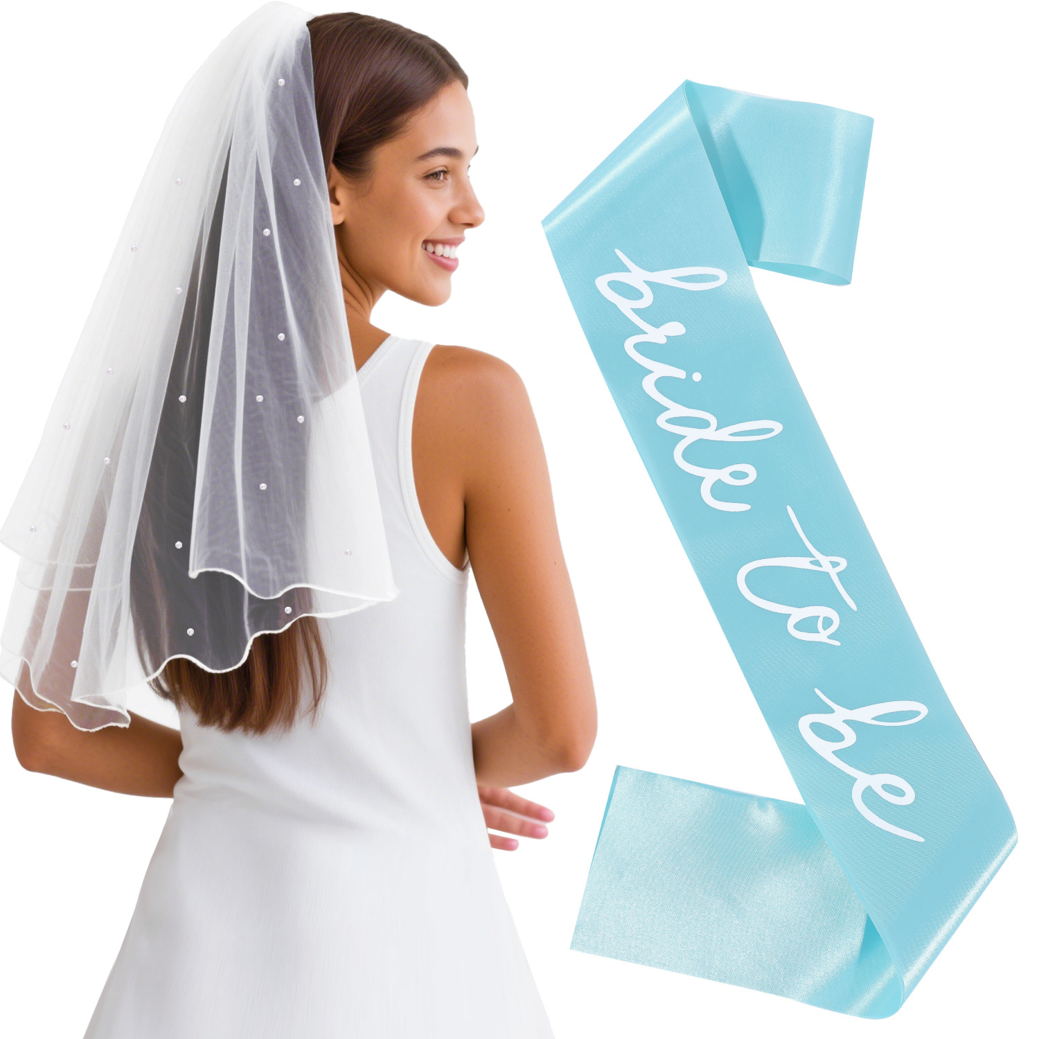 European and American Bridal Pearl Veil Shoulder Straps 2-Piece Set Bride to Be Bachelorette Party Essential Veil Wedding Ribbon