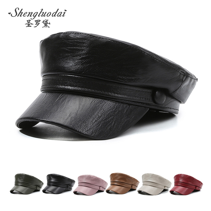 Vintage PU Leather Newsboy Hat Women's Spring and Autumn British Flat Top Duck Tongue Bailey Hat Simple Solid Color Leather Painter Hat for Men