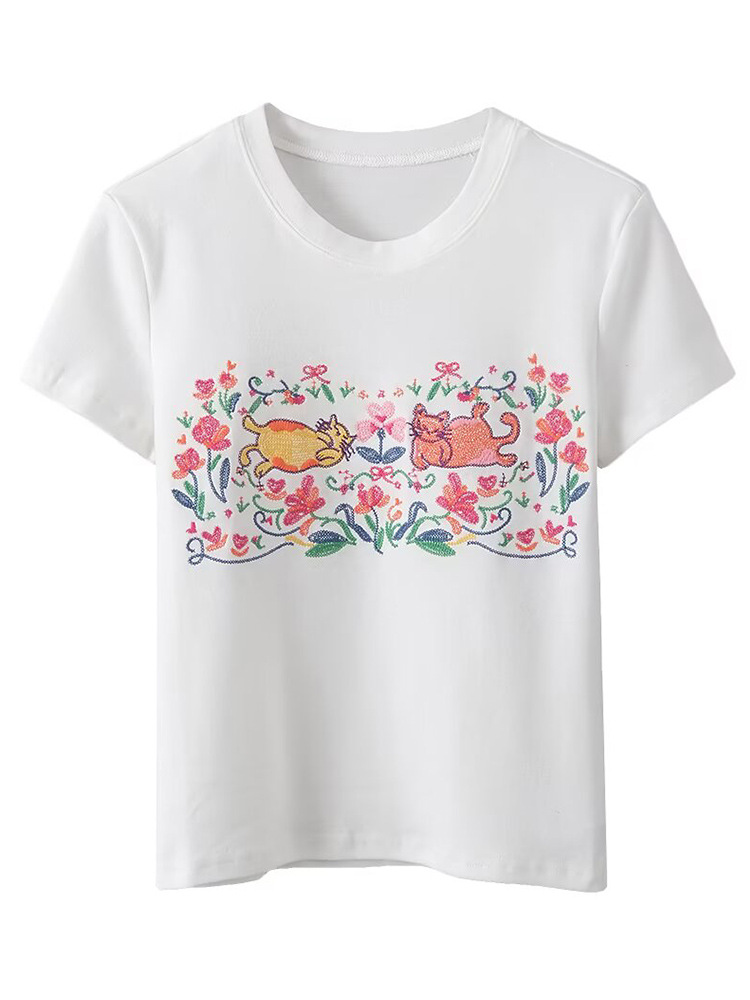 2025 Spring and Summer New Women's Fashion Fun Casual Cute Pet Cat Print Easiest for Match Commuting Short-Sleeved T-Shirt