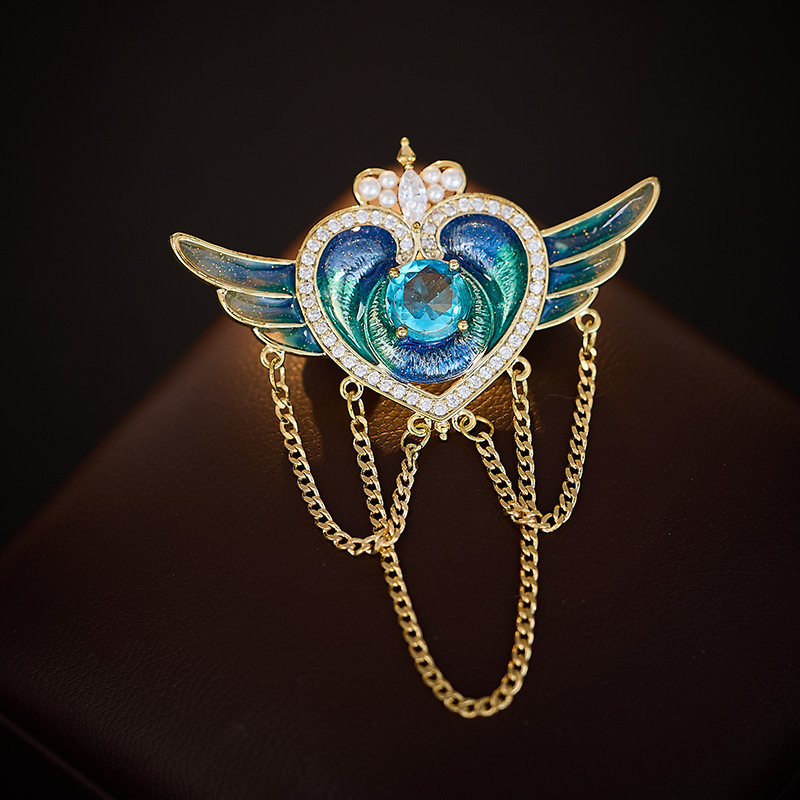 New Vintage Enamel Craft Angel Wings Chain Tassel Brooch Exquisite Zircon Men's Suit Corsage Accessories