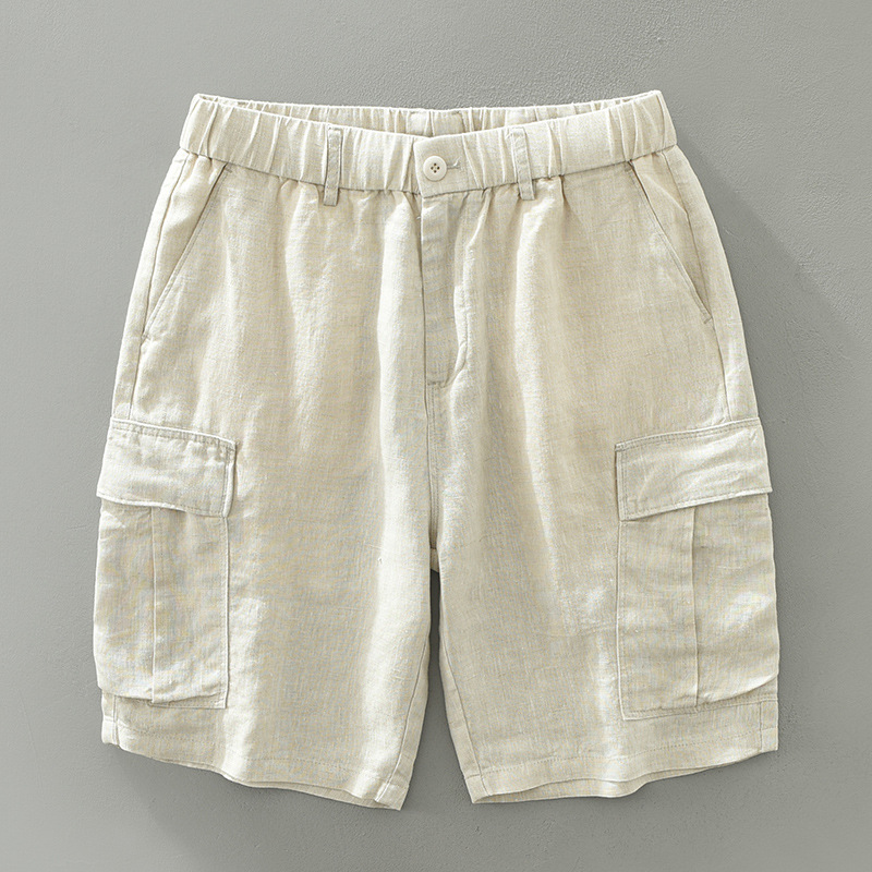 1118 Japanese trend linen overalls men's loose casual breathable elastic waist five pants a generation of hair