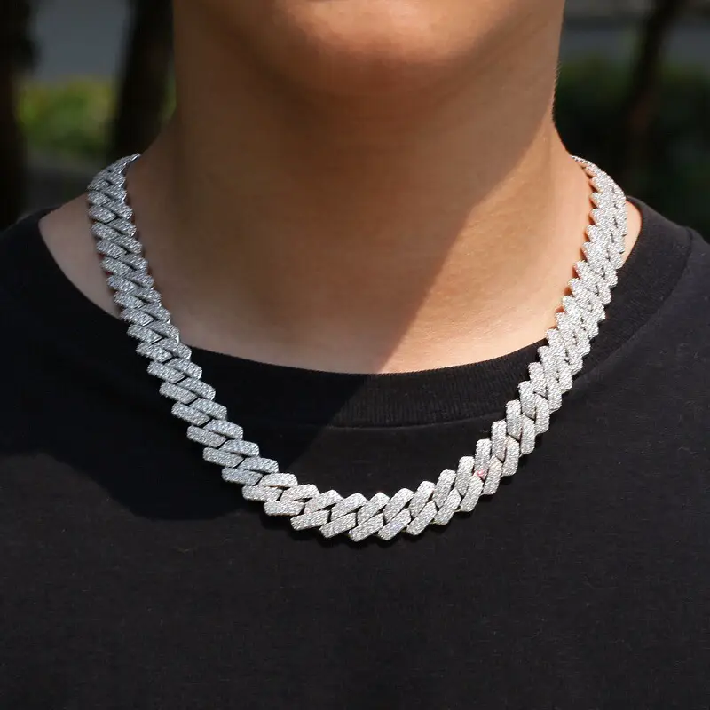 European and American Men and Women hip hop Bar Cuban Chain Necklace Hiphop Inlaid with Zircon 13mm Trendy Rhombus Trendy Chain