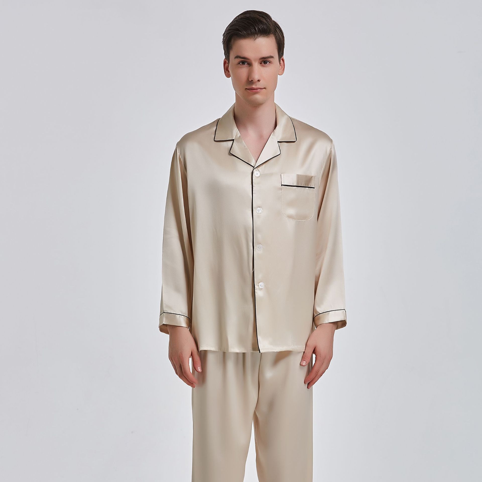 22mm Silk Pajamas for Men, High-End Long-Sleeved Two-Piece Set, 26 Spring and Summer 100% Mulberry Silk Home Wear Men's Set