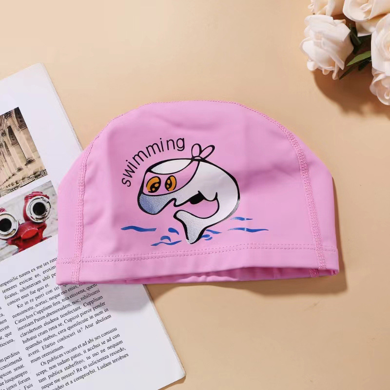 Children's Swimming Cap Boys Cute Cartoon Dolphin Pattern PU Cloth Waterproof Long Hair Ear Protection Equipment Girls' Swimming Cap